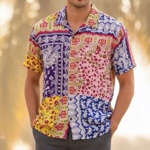 Raga Man Patchwork Paisley Camp Shirt L